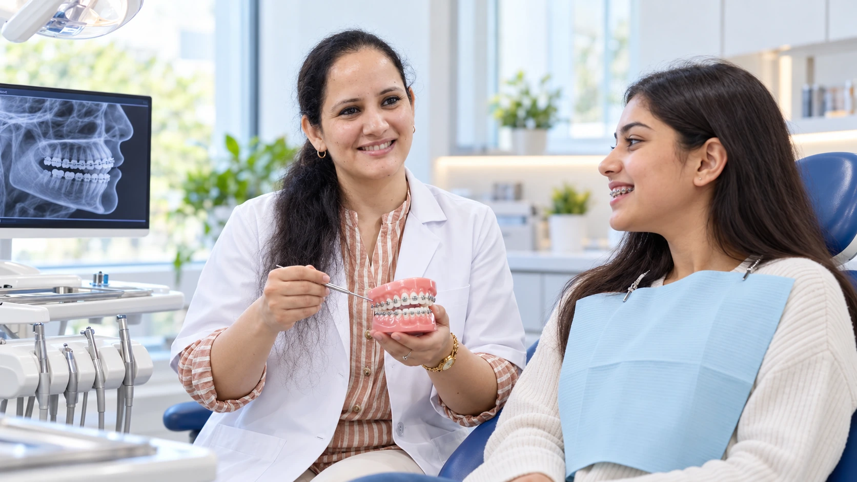 Dr. Sukhmeet Kaur Nanda consulting a patient about braces and tooth alignment