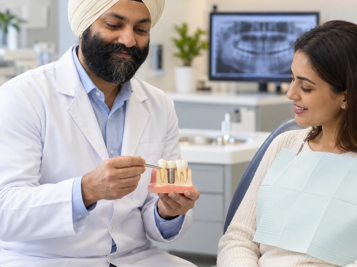 Dentist explaining crowns and bridges using a dental model