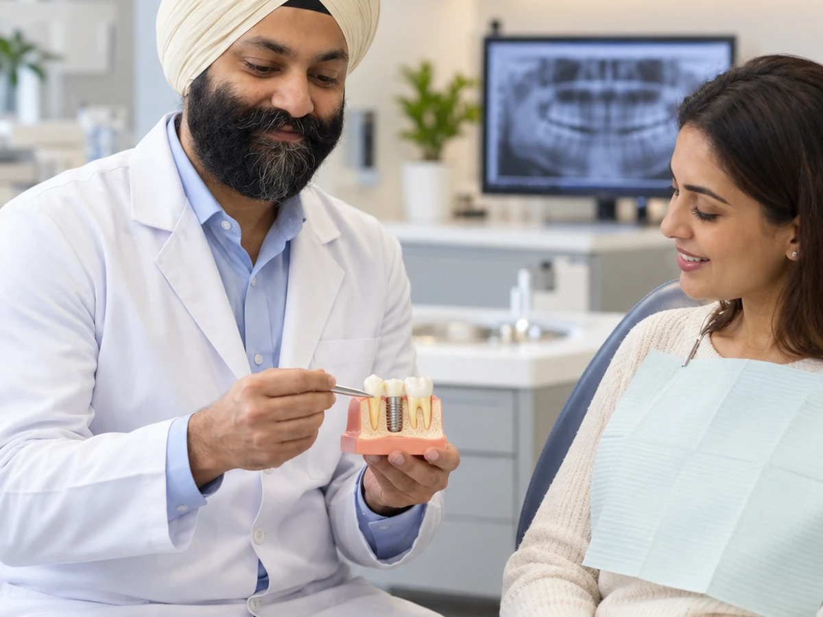 Dr. KDS Nanda explaining dental implant treatment to a patient