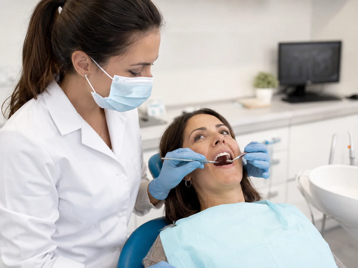 Dentist examining a tooth before a tooth-coloured filling