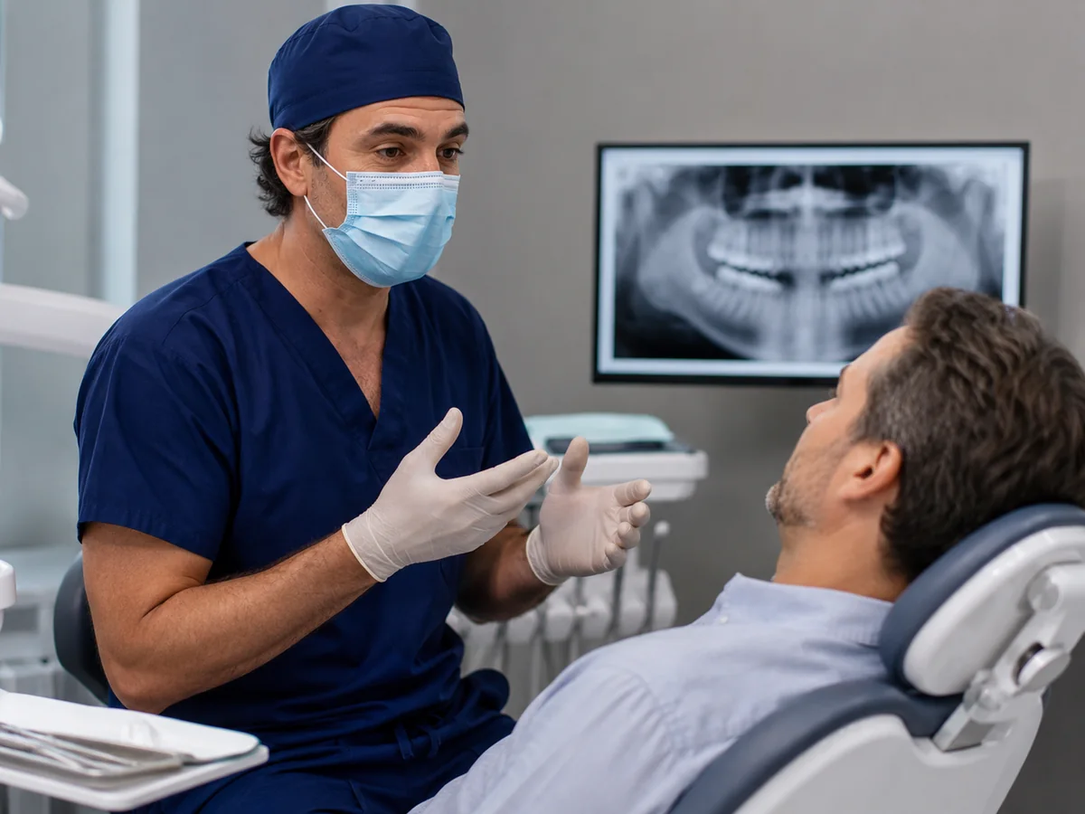 Oral surgeon discussing an X-ray with a patient