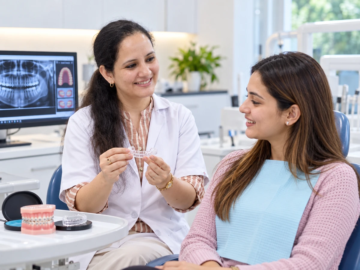 Dr. Sukhmeet Kaur Nanda discussing orthodontic treatment with a patient