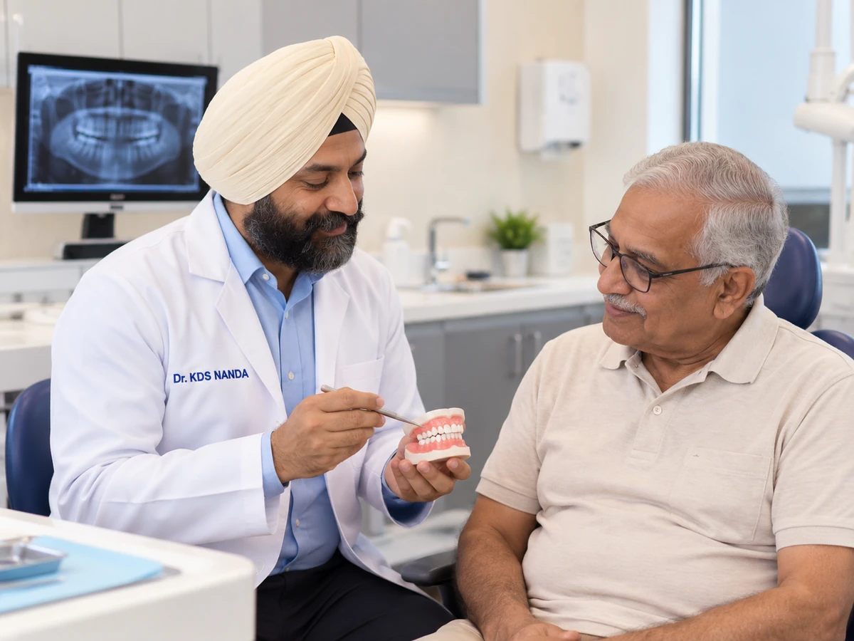 Dr. KDS Nanda explaining dentures to an older patient